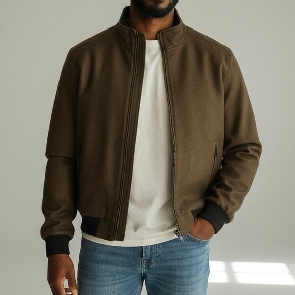 Calvin Klein Brown Wool Blend Bomber Jacket Men’s L Zip Front Quilted Lined - Picture 1 of 9